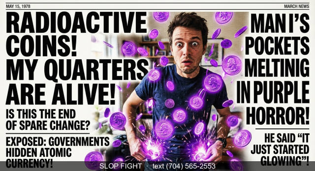 Impact render: his quarters turned radioactive purple, tabloid style